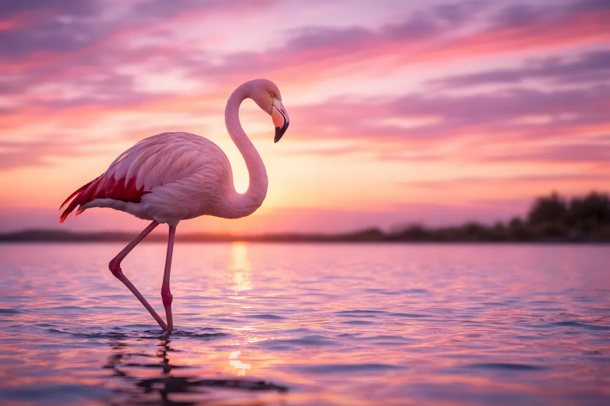 Flamingo in romantischer Sonnenuntergangsstimmung