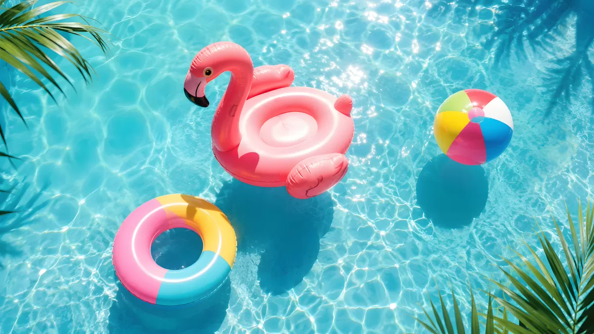 Flamingo-Luftmatratze und Bälle im türkisen Pool