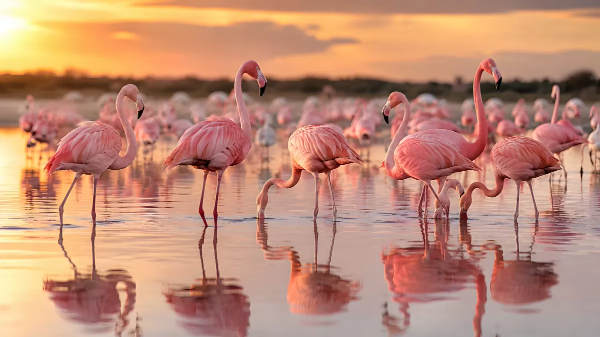 Flamingos waten bei Sonnenuntergang im flachen Wasser