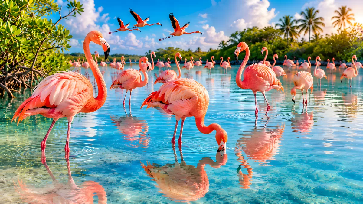 Flamingos waten in türkisblauem Tropengewässer