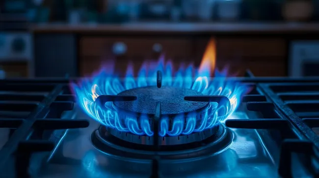 Flammen aus Gasbrenner in kühler Nachtküche