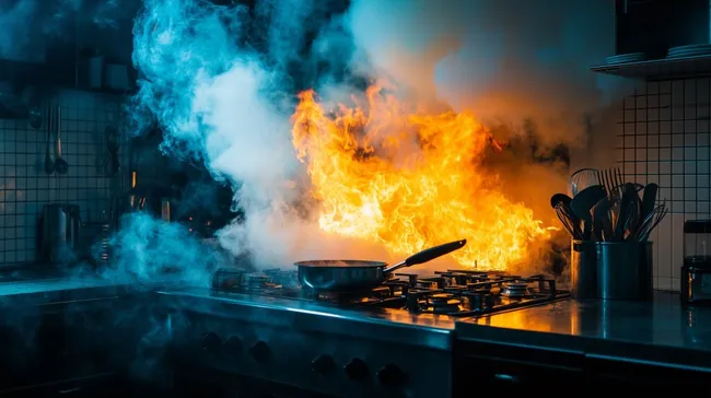 Flammen und Rauch in einer Küche