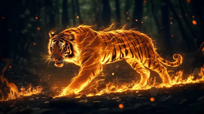 Flammendes Feuer umhüllt majestätischen Tiger