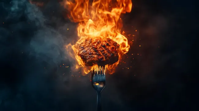 Flammendes Fleischstück auf Gabel