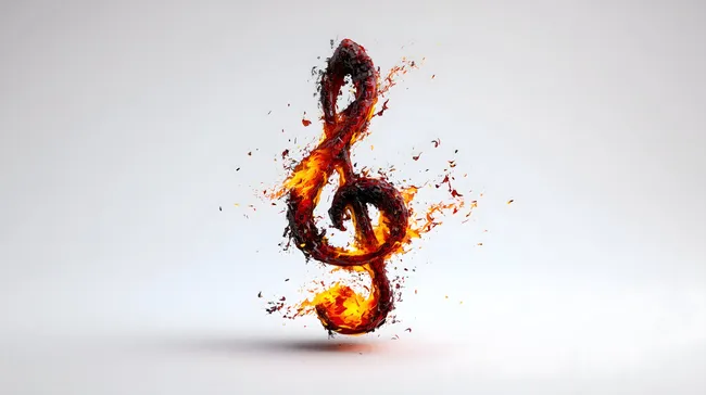 Flammendes Musiksymbol auf weißem Hintergrund