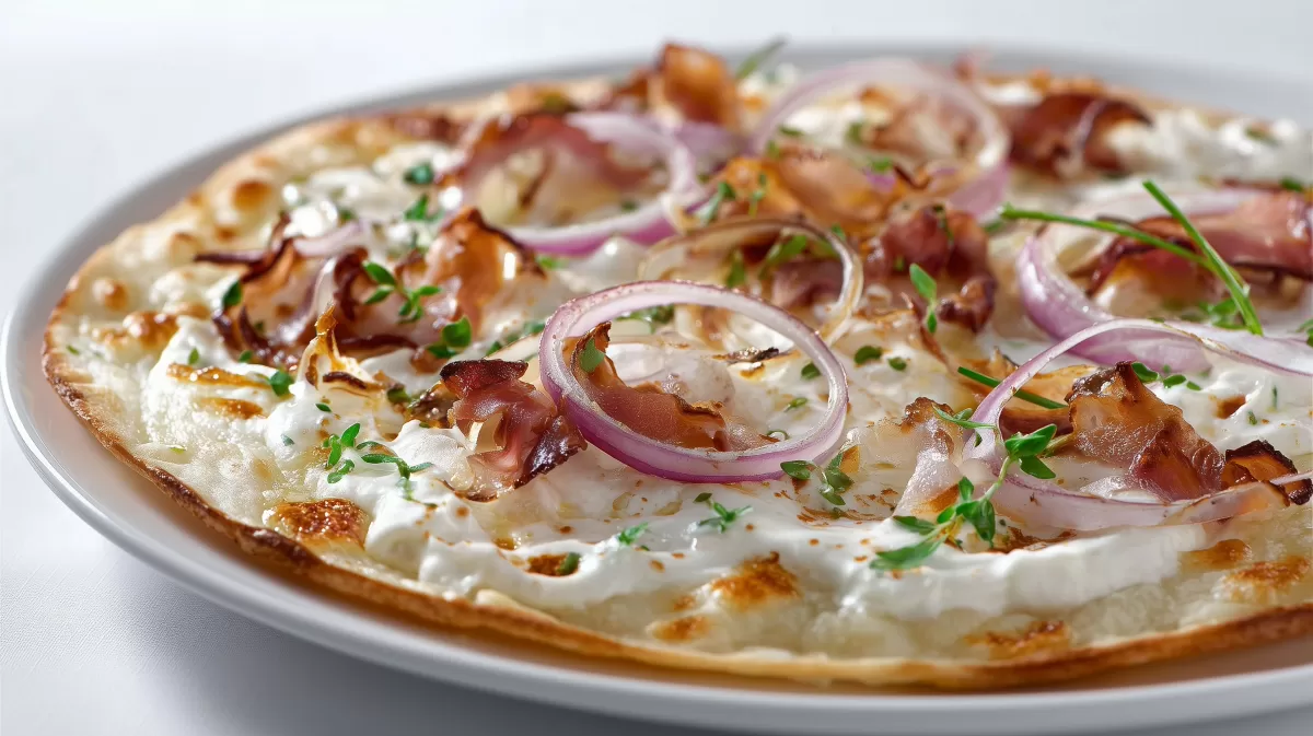 Flammkuchen Elsaesser Art mit Speck und roten Zwiebeln