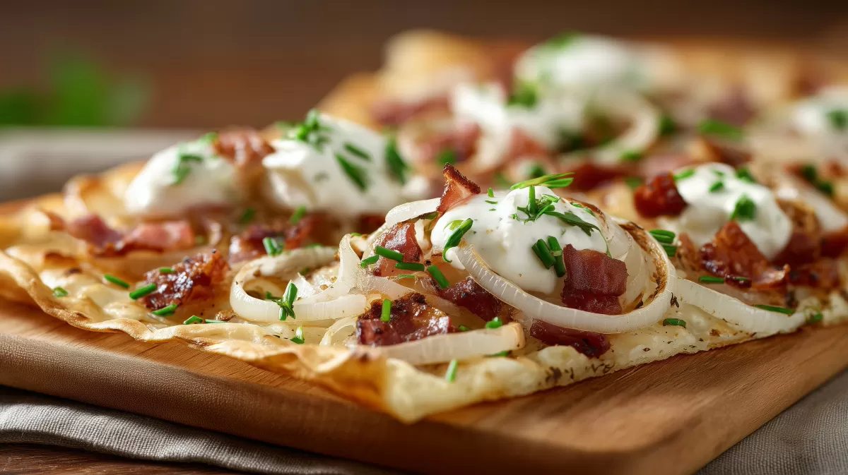 Flammkuchen Elsässer Art salzig herzhaft mit Speck