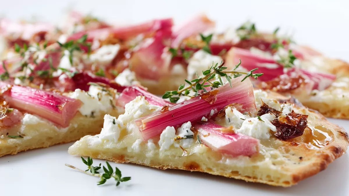Flammkuchen mit Rhabarber und Ziegenkäse auf Holzbrett
