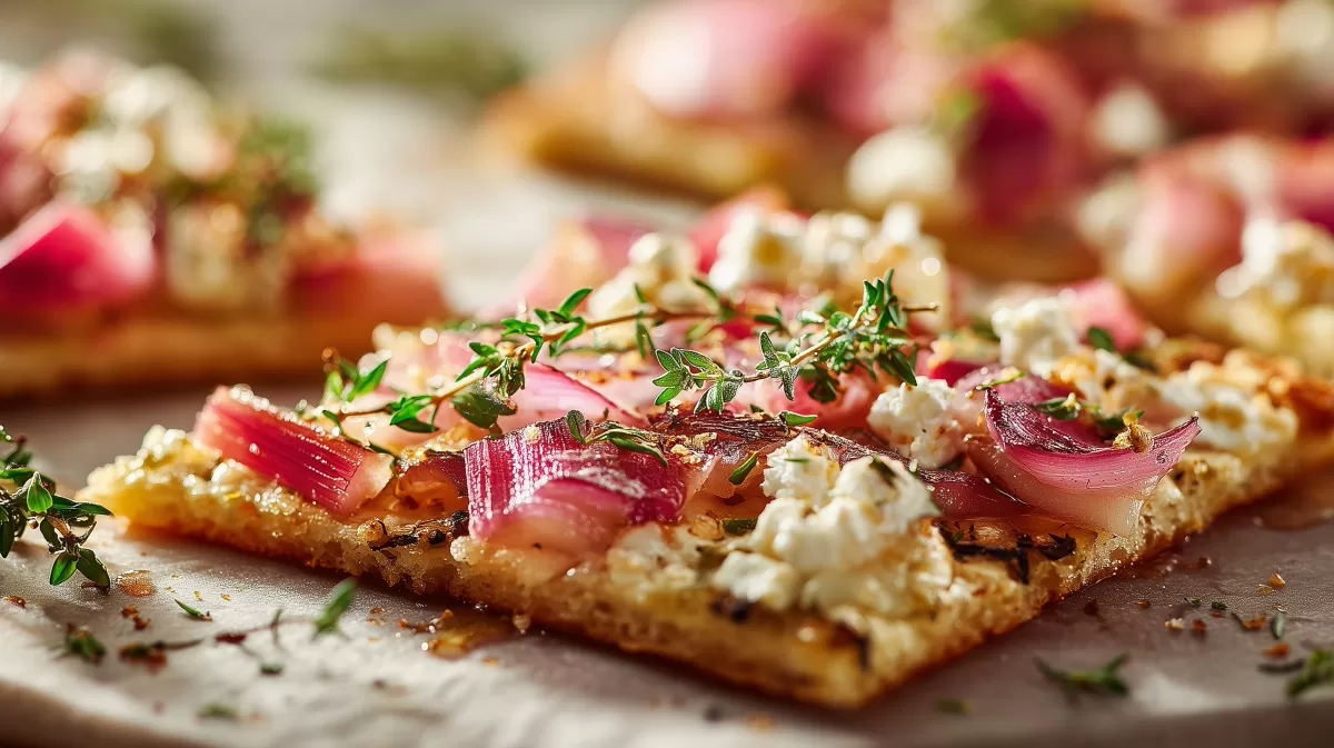 Flammkuchen mit Rhabarber und Ziegenkäse mit Thymian