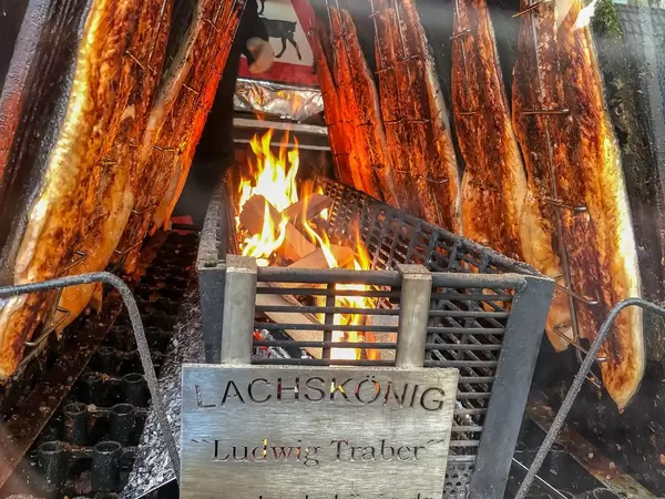 Flammlachs vom Lachskönig gart auf Metallspießen über offenem Feuer