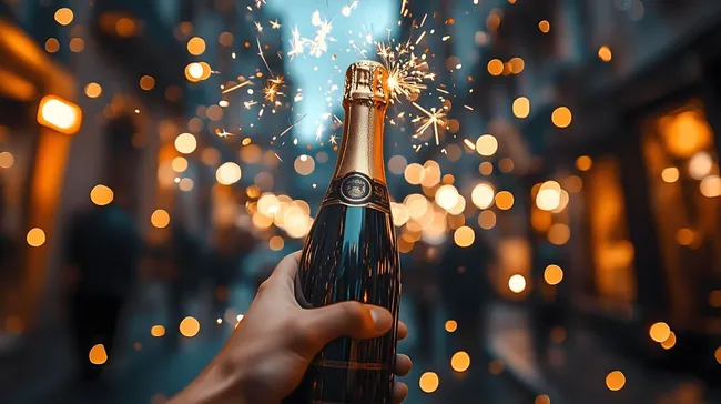 Flasche Champagner mit Feuerwerk an Silvester