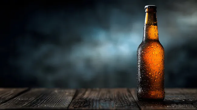 Flasche mit Kondenswasser auf dunklem Holztisch