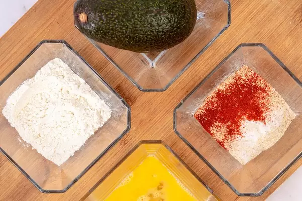 Flat lay above Avocado Flour Eggs and Breadcrumbs with Paprika (Flip 2019)