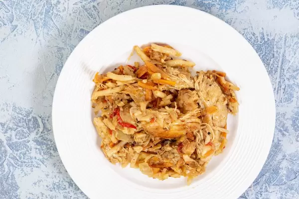 Flat lay above Chicken Breasts Meat fried with vegetables