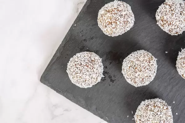 Flat lay above cookies with Date Palm fruits Almonds Walnuts and Coconut
