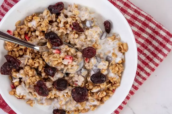 Flat lay above Cornflakes with Chocolate Strawberries and Cranberries (Flip 2019)