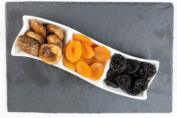 Flat lay above Dried Plums Peaches and Figs (Flip 2019)