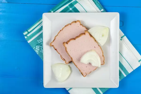 Flat lay above Meatloaf slices on the plate