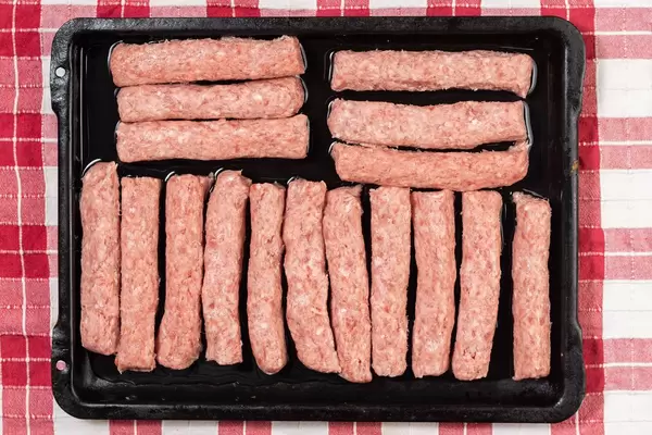 Flat lay above Minced Meat Kebabs ready for baking