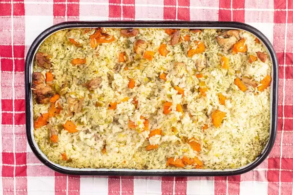 Flat lay above Risotto with Pork Meat