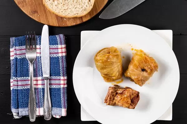 Flat lay above served Sarma with Sauerkraut and Minced Meat