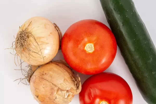 Flat lay above Tomato Cucumber and Onions (Flip 2019)