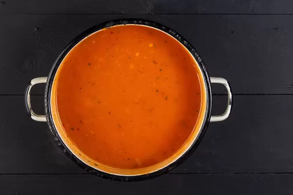 Flat lay above Tomato Sauce in the old rustic bowl (Flip 2019)