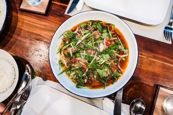Flat lay of a delicious pork dish with special sauce and vegetables
