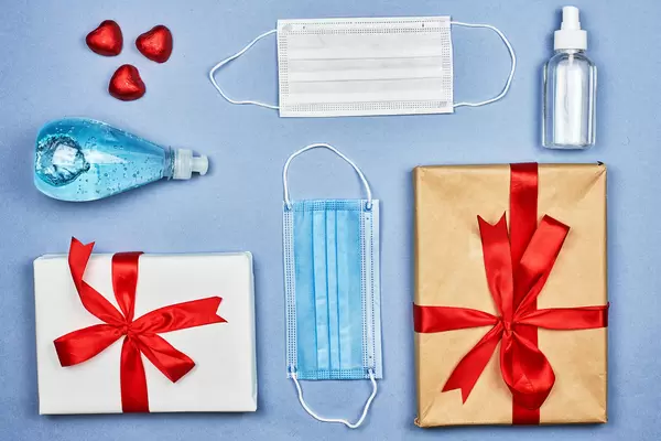 Flat lay of Valentine presents with personal hygiene products