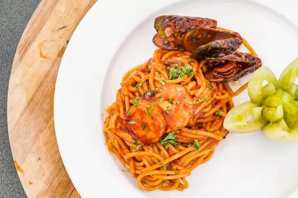 Flat lay shot of seafood spaghetti dish