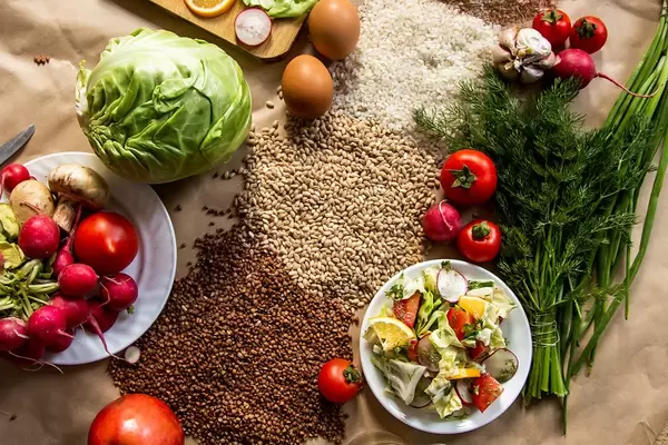 Flat lay view of vegan food background (Flip 2019)