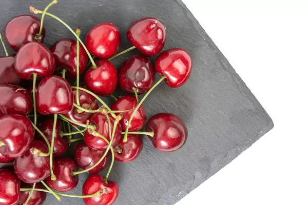 Flat-lay zeigt knallrote Kirschen mit Stiel auf einem Schiefersteinbrett, vor weißem Hintergrund