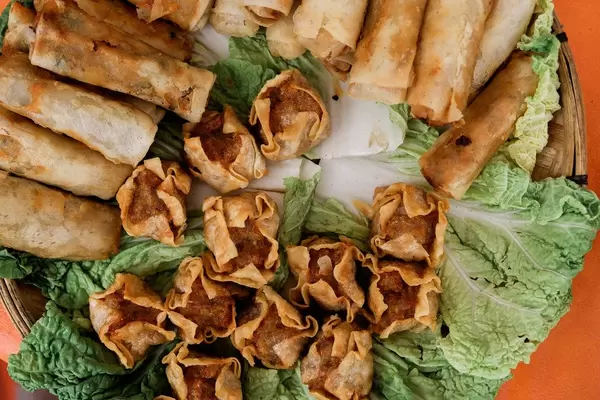 Flatlay shot of fried dumplings and shanghai rolls (Flip 2019)