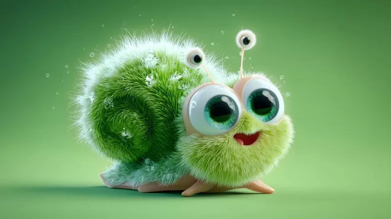Flauschige grüne Cartoon-Schnecke mit großen Augen