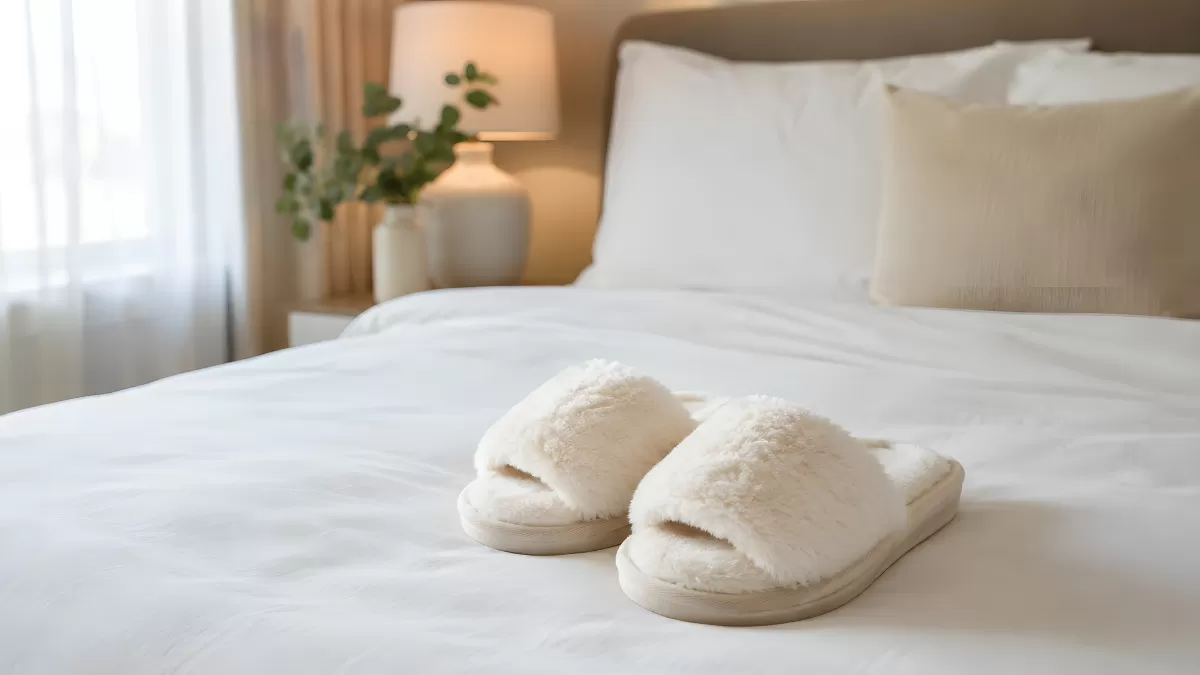 Flauschige Hausschuhe auf weißem Hotelbett