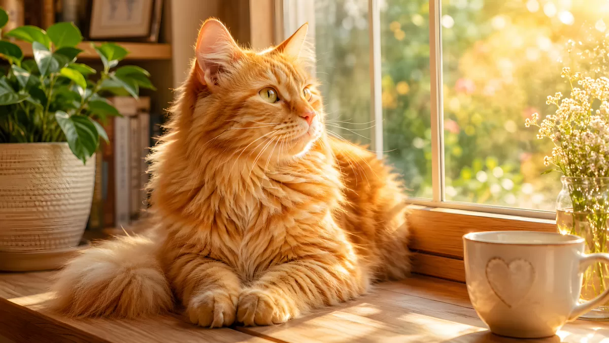 Flauschige Katze liegt am sonnigen Fensterbrett