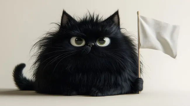 Flauschige schwarze Katze mit großen Augen und weißer Fahne