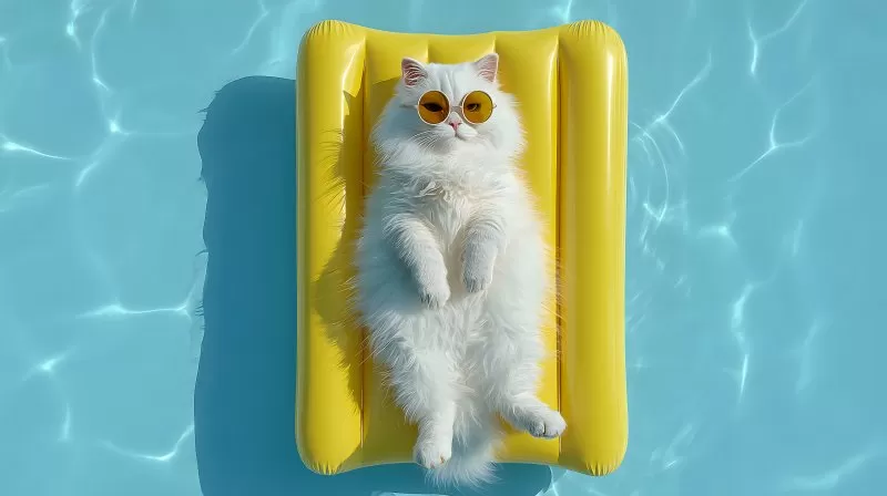 Flauschige weiße Katze mit Sonnenbrille auf Luftmatratze im Pool