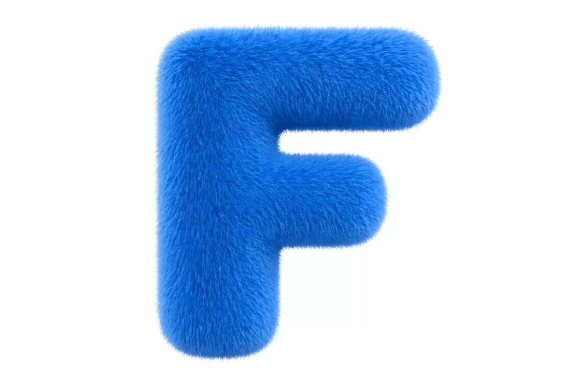 Flauschiger blauer Buchstabe F als 3D-Illustration