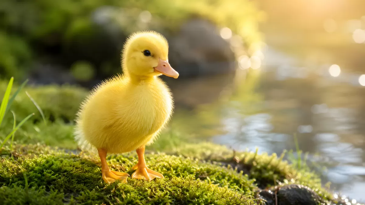 Flauschiges Entenküken steht am Ufer im Sonnenlicht