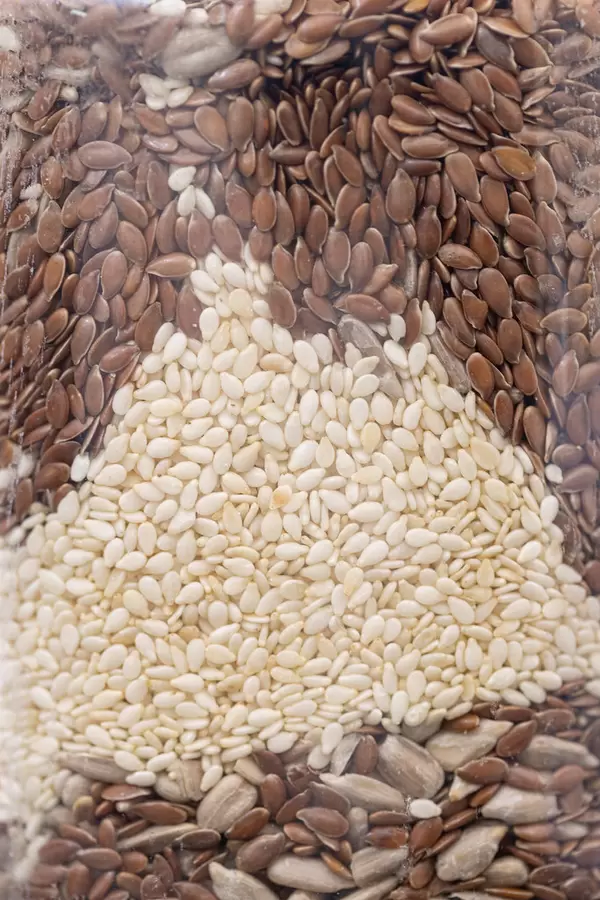 Flax Sunflower and Sesame Seeds in the glass bowl