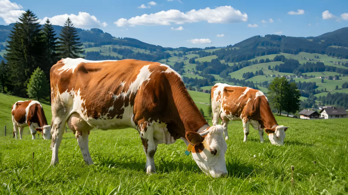 Fleckvieh-Kühe grasen auf grüner Alpenwiese
