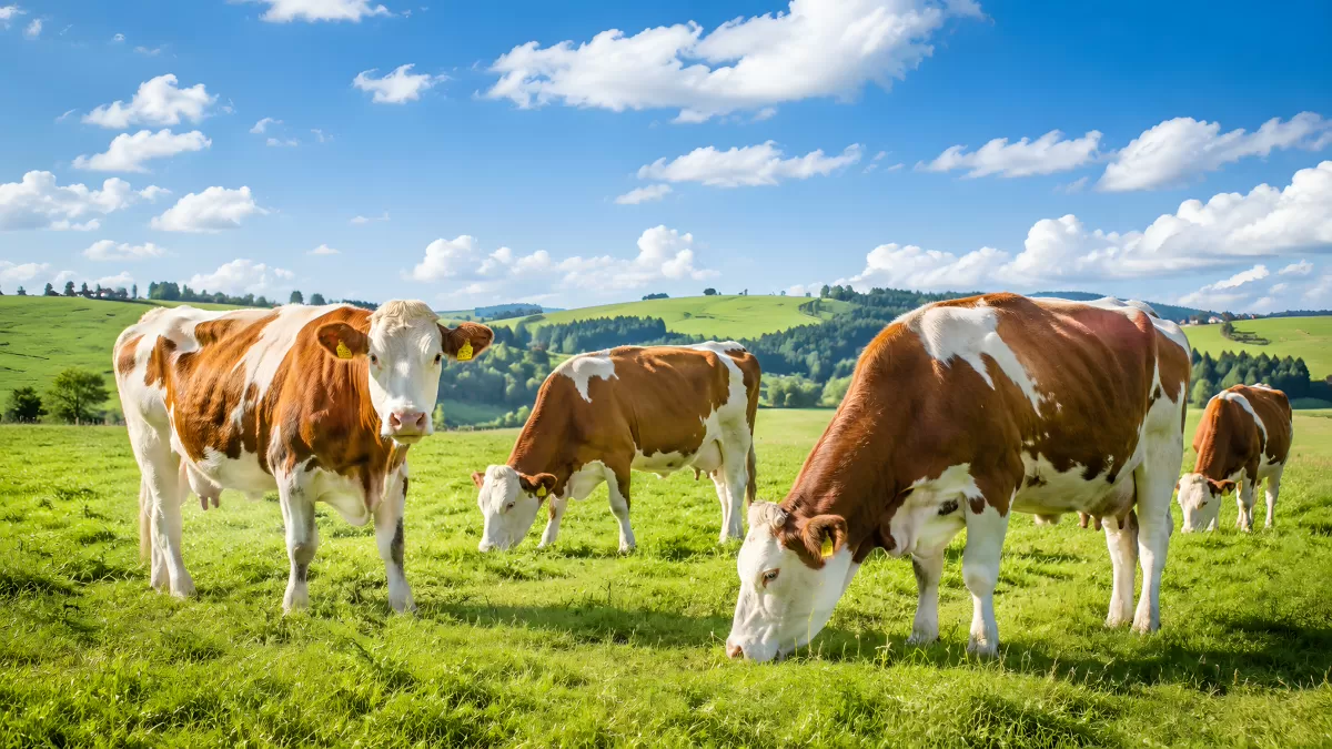 Fleckvieh-Rinder grasen auf sommerlicher Weide