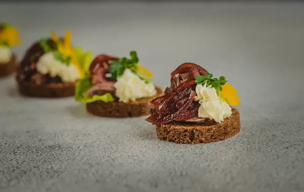 Fleisch-Canapé auf dunklem Brot und mit glasierten Zwiebeln - Nahaufnahme