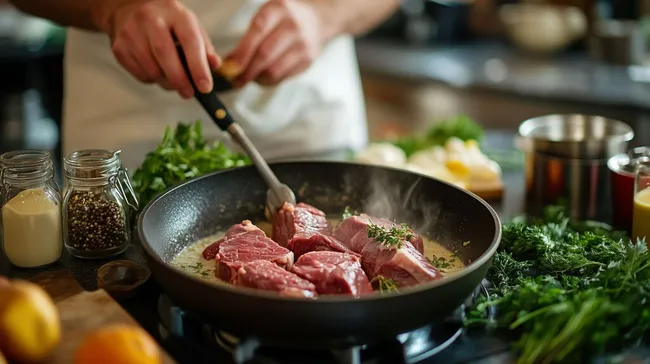 Fleisch in Pfanne anbraten mit Kräutern und Gewürzen
