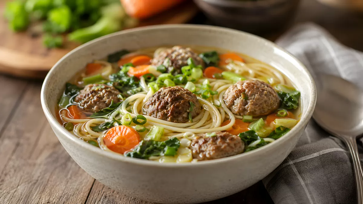 Fleischbällchensuppe mit Nudeln und frischem Gemüse