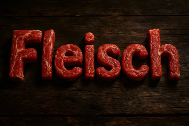 Fleischbuchstaben auf rustikalem Holzhintergrund