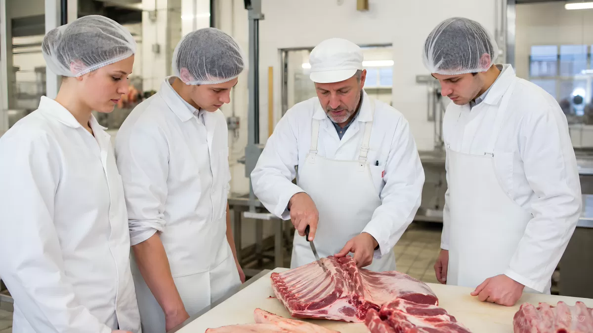 Fleischer zeigt Auszubildenden das Zerlegen von Fleisch