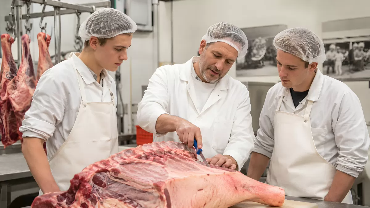 Fleischer zeigt Auszubildenden das Zerlegen von Rindfleisch