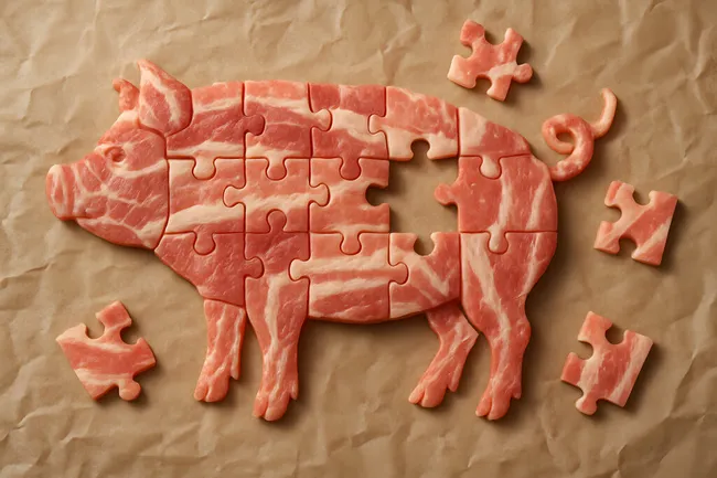 Fleischiges Schweinerätsel-Puzzle auf Kraftpapier-Hintergrund